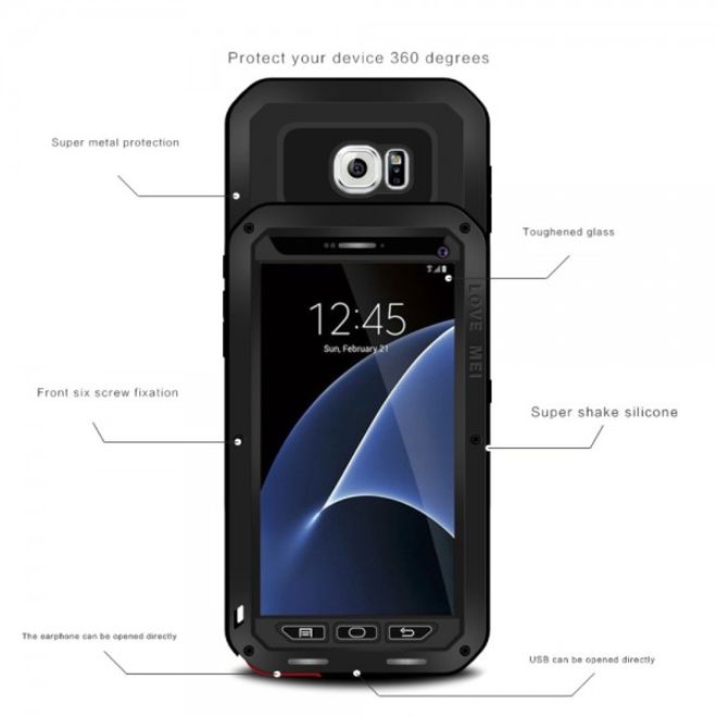 Samsung Galaxy S7 LOVE MEI Ultrarobuste Metall- und Silikon Case Hülle mit integrierter Displayschutz - schwarz