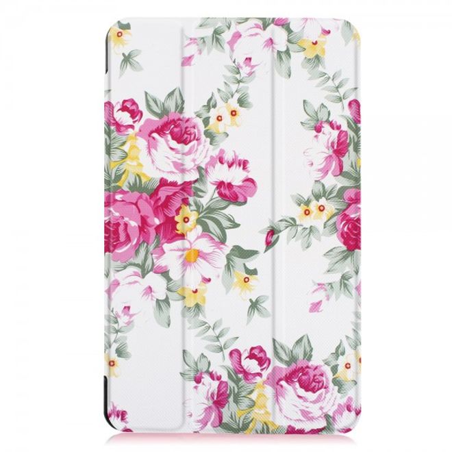 Samsung Galaxy Tab E 8.0 Dreifach faltbare Leder Cover Flip Hülle mit blühenden Blumen
