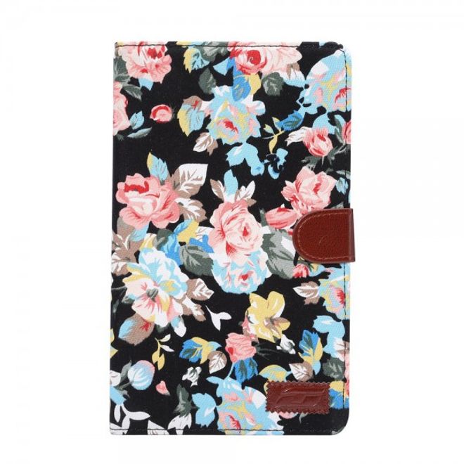 Samsung Galaxy Tab E 8.0 Leder Case Hülle mit stoffartiger Oberfläche und Blumenmuster - schwarz