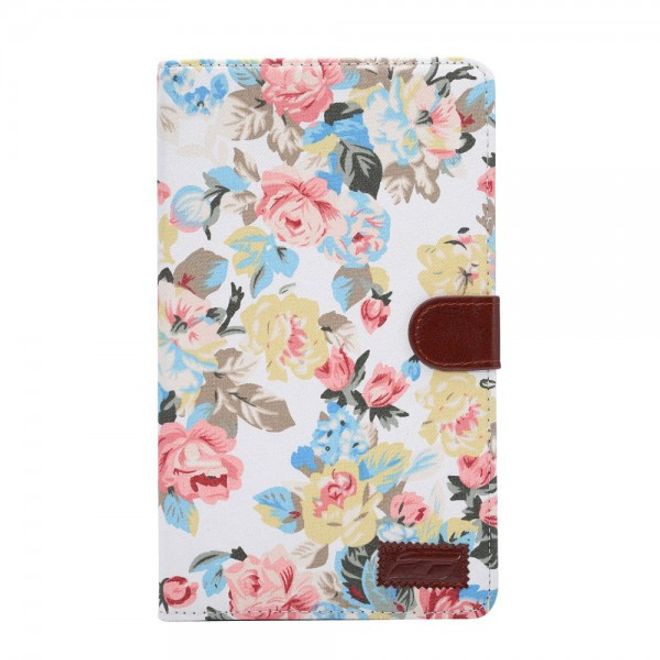Samsung Galaxy Tab E 8.0 Leder Case Hülle mit stoffartiger Oberfläche und Blumenmuster - weiss
