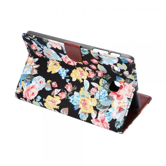 Samsung Galaxy Tab E 8.0 Leder Case Hülle mit stoffartiger Oberfläche und Blumenmuster - schwarz