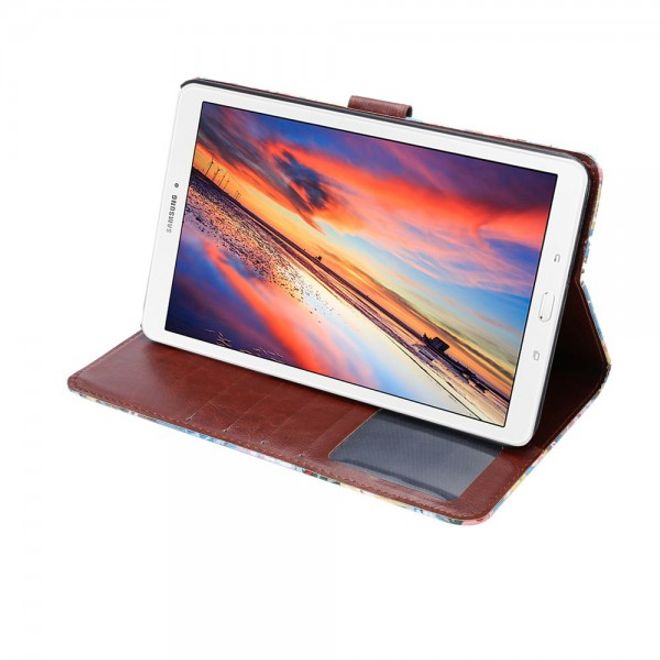 Samsung Galaxy Tab E 8.0 Leder Case Hülle mit stoffartiger Oberfläche und Blumenmuster - weiss