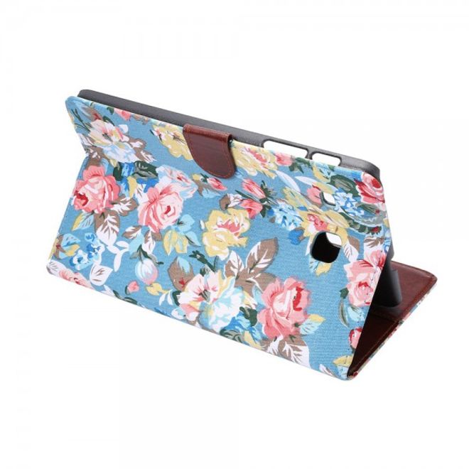 Samsung Galaxy Tab E 8.0 Leder Case Hülle mit stoffartiger Oberfläche und Blumenmuster - hellblau