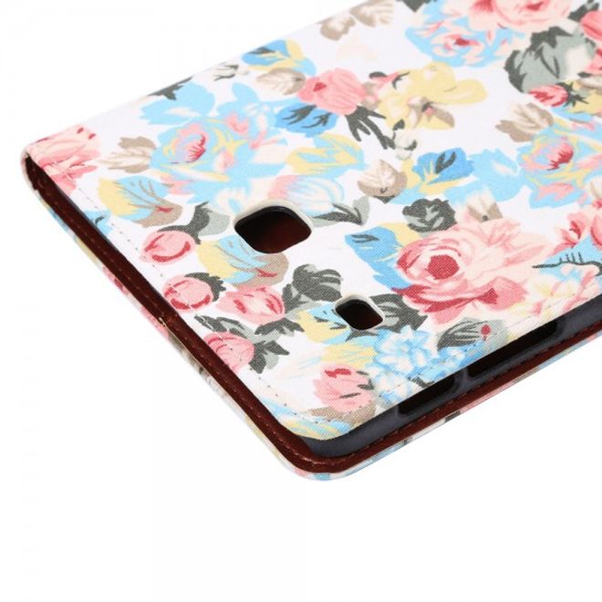 Samsung Galaxy Tab E 8.0 Leder Case Hülle mit stoffartiger Oberfläche und Blumenmuster - weiss