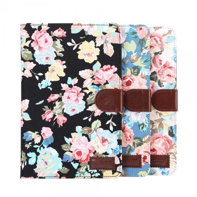 Samsung Galaxy Tab E 8.0 Leder Case Hülle mit stoffartiger Oberfläche und Blumenmuster - weiss