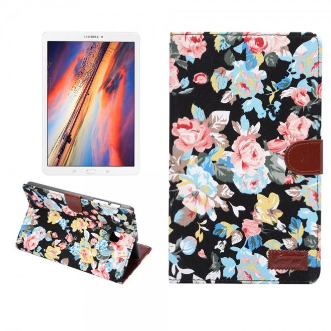 Samsung Galaxy Tab E 8.0 Leder Case Hülle mit stoffartiger Oberfläche und Blumenmuster - schwarz