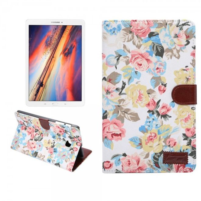 Samsung Galaxy Tab E 8.0 Leder Case Hülle mit stoffartiger Oberfläche und Blumenmuster - weiss
