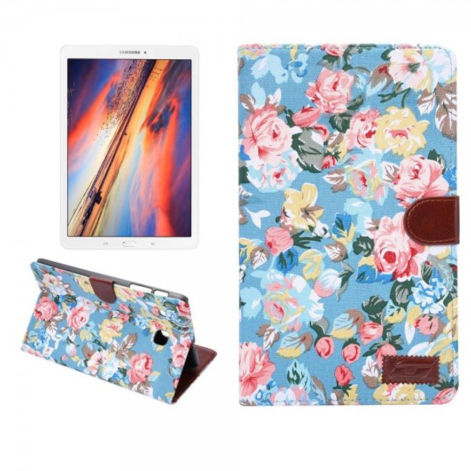 Samsung Galaxy Tab E 8.0 Leder Case Hülle mit stoffartiger Oberfläche und Blumenmuster - hellblau