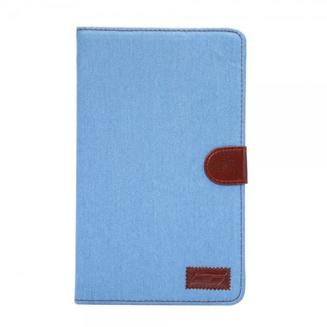 Samsung Galaxy Tab E 8.0 Leder Cover Hülle mit stoffartiger Oberfläche im Jeanslook - hellblau