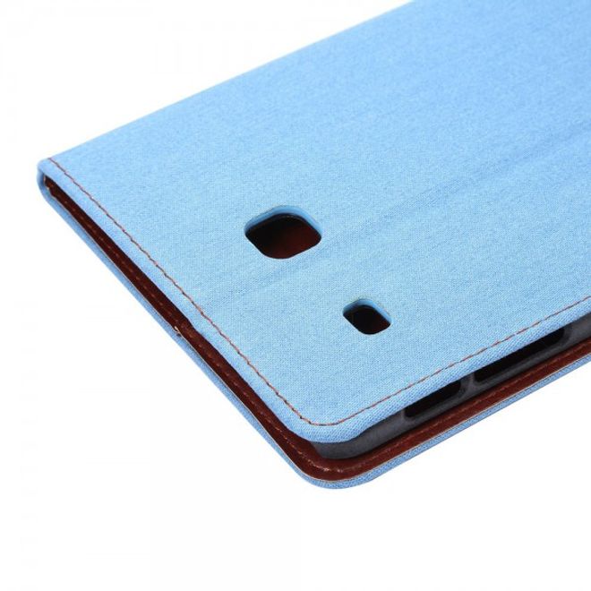 Samsung Galaxy Tab E 8.0 Leder Cover Hülle mit stoffartiger Oberfläche im Jeanslook - hellblau
