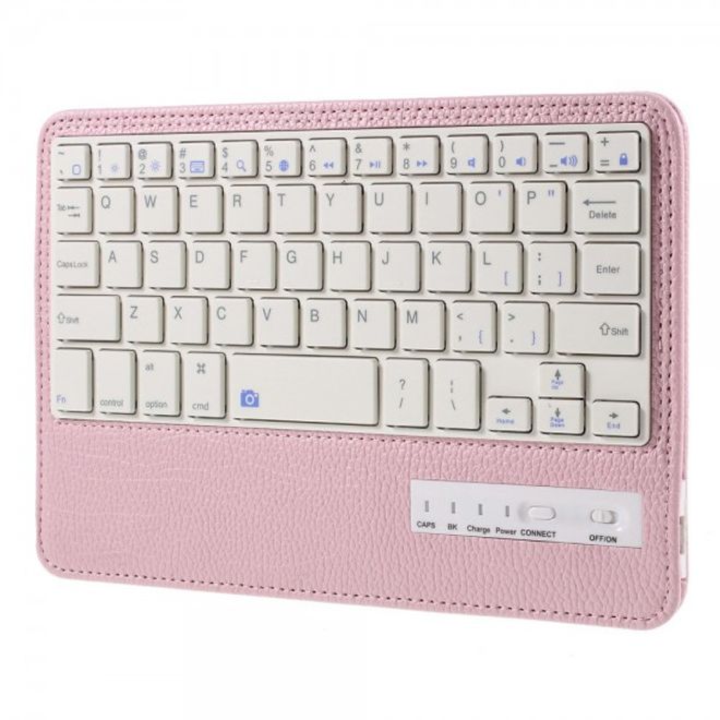 Universelle Leder Case Hülle mit abnehmbarer Bluetooth Tastatur (QWERTY Modus) für alle iPad Mini Modelle - pink