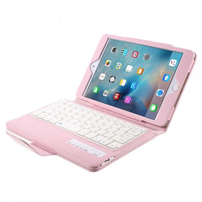 Universelle Leder Case Hülle mit abnehmbarer Bluetooth Tastatur (QWERTY Modus) für alle iPad Mini Modelle - pink