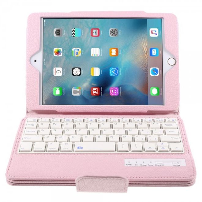 Universelle Leder Case Hülle mit abnehmbarer Bluetooth Tastatur (QWERTY Modus) für alle iPad Mini Modelle - pink
