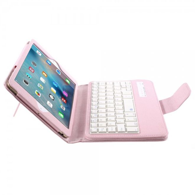 Universelle Leder Case Hülle mit abnehmbarer Bluetooth Tastatur (QWERTY Modus) für alle iPad Mini Modelle - pink