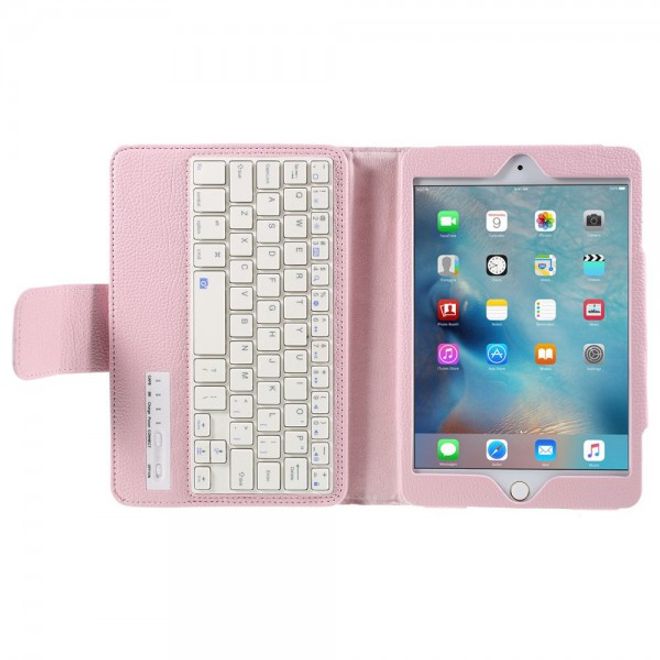 Universelle Leder Case Hülle mit abnehmbarer Bluetooth Tastatur (QWERTY Modus) für alle iPad Mini Modelle - pink