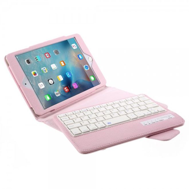 Universelle Leder Case Hülle mit abnehmbarer Bluetooth Tastatur (QWERTY Modus) für alle iPad Mini Modelle - pink