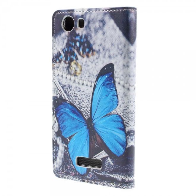 Wiko Bloom2 Leder Case Hülle mit wunderschönem, blauem Schmetterling