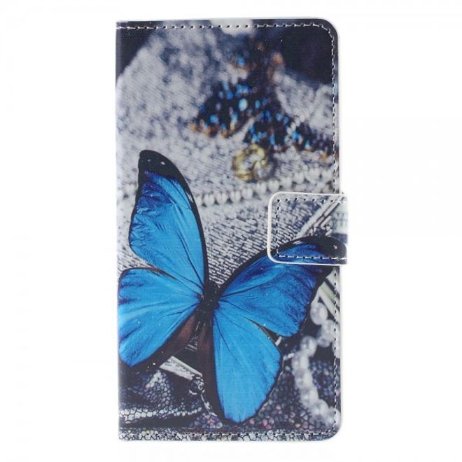 Wiko Bloom2 Leder Case Hülle mit wunderschönem, blauem Schmetterling