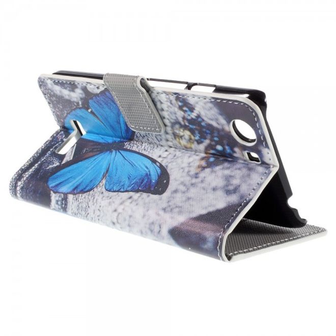 Wiko Bloom2 Leder Case Hülle mit wunderschönem, blauem Schmetterling