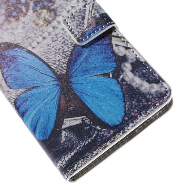 Wiko Bloom2 Leder Case Hülle mit wunderschönem, blauem Schmetterling