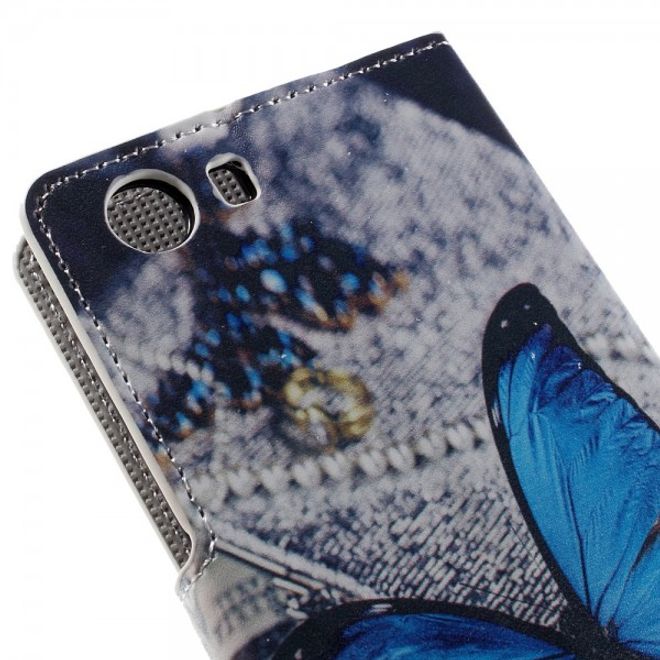Wiko Bloom2 Leder Case Hülle mit wunderschönem, blauem Schmetterling