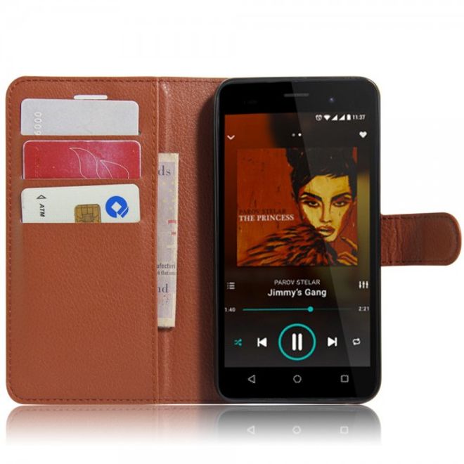 Wiko Lenny 3 Handyhülle - Case aus Leder - mit Litchitextur und Standfunktion - braun