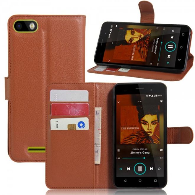 Wiko Lenny 3 Handyhülle - Case aus Leder - mit Litchitextur und Standfunktion - braun