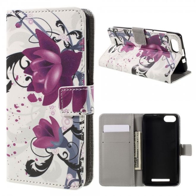 Wiko Lenny 3 Leder Case Hülle mit Lotus Blumen