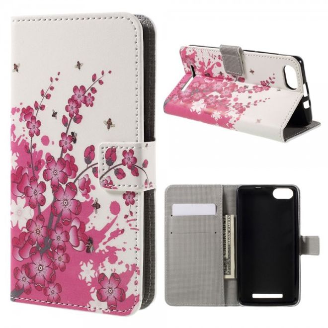 Wiko Lenny 3 Leder Case Hülle mit pinken Blumen