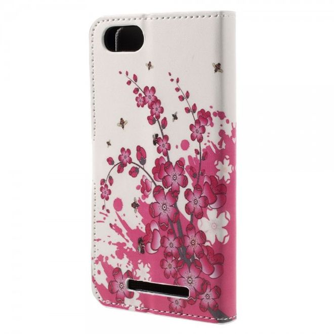 Wiko Lenny 3 Leder Case Hülle mit pinken Blumen