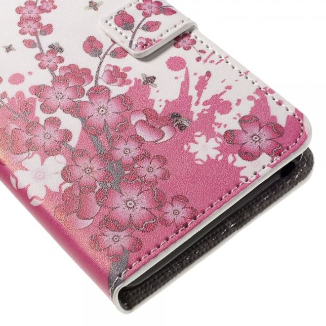 Wiko Lenny 3 Leder Case Hülle mit pinken Blumen