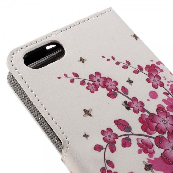 Wiko Lenny 3 Leder Case Hülle mit pinken Blumen