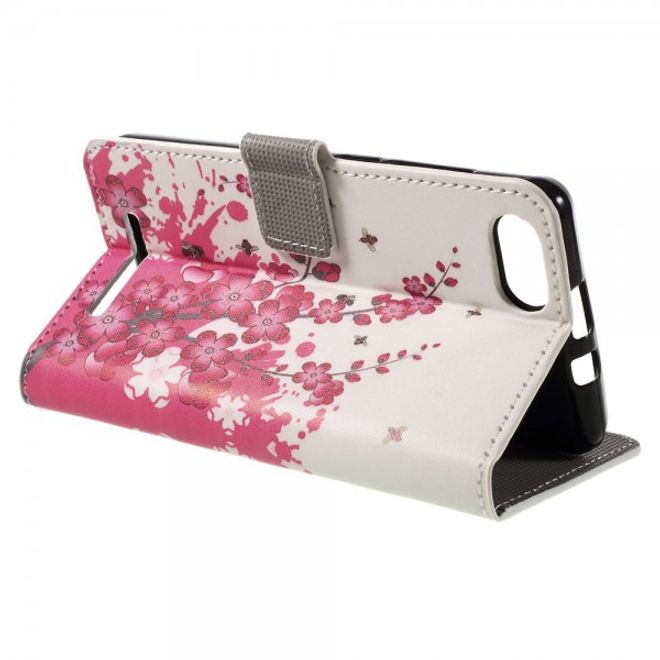 Wiko Lenny 3 Leder Case Hülle mit pinken Blumen