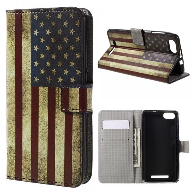 Wiko Lenny 3 Leder Case Hülle mit USA Flagge im Retrolook
