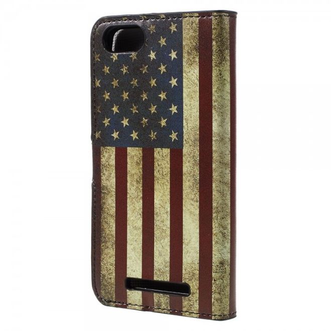 Wiko Lenny 3 Leder Case Hülle mit USA Flagge im Retrolook