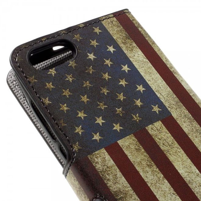 Wiko Lenny 3 Leder Case Hülle mit USA Flagge im Retrolook
