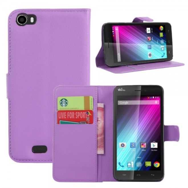 Wiko Lenny Leder Flip Case Hülle mit Litchitextur und Standfunktion - purpur