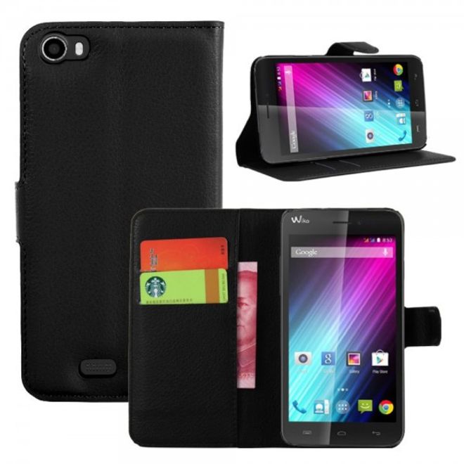 Wiko Lenny Leder Flip Case Hülle mit Litchitextur und Standfunktion - schwarz