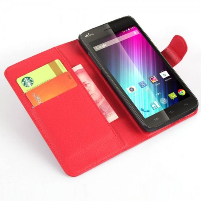 Wiko Lenny Leder Flip Case Hülle mit Litchitextur und Standfunktion - rot