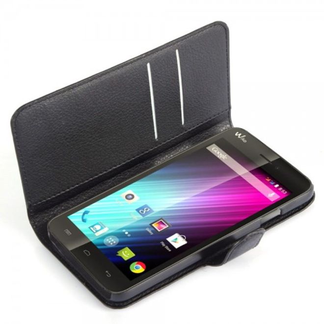 Wiko Lenny Leder Flip Case Hülle mit Litchitextur und Standfunktion - schwarz