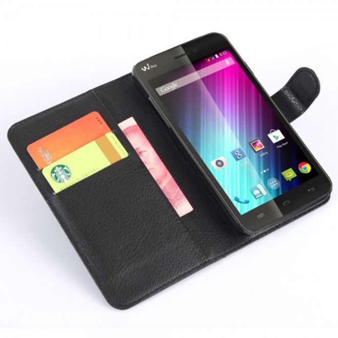 Wiko Lenny Leder Flip Case Hülle mit Litchitextur und Standfunktion - schwarz