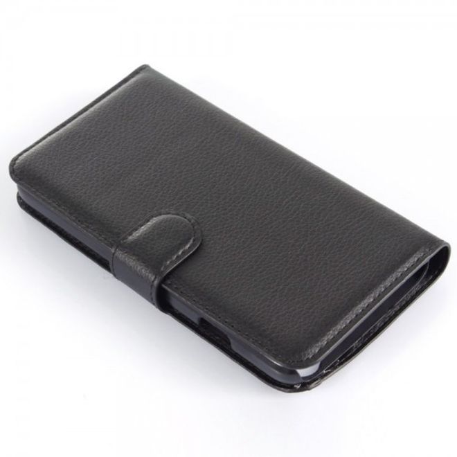 Wiko Lenny Leder Flip Case Hülle mit Litchitextur und Standfunktion - schwarz