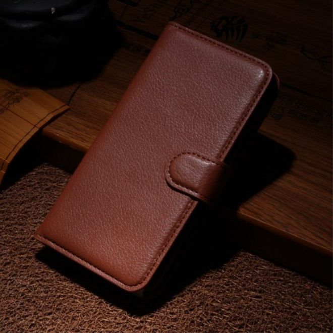 Wiko Lenny Leder Flip Case Hülle mit Litchitextur und Standfunktion - braun