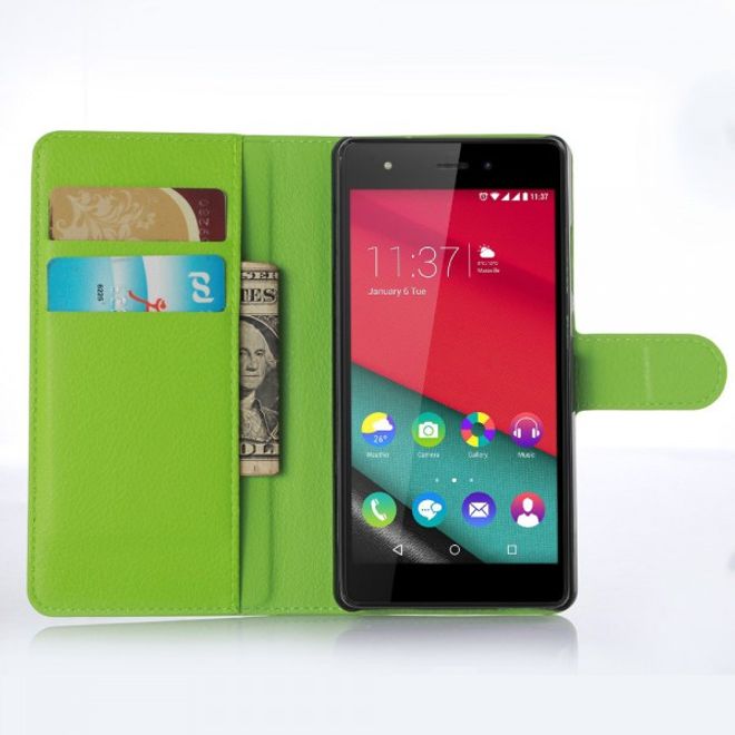 Wiko Pulp 4G Schicke Leder Case Hülle mit Litchitextur Kreditkartenslot - grün