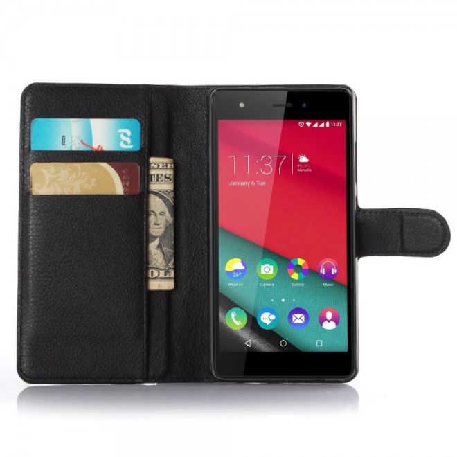 Wiko Pulp 4G Schicke Leder Case Hülle mit Litchitextur Kreditkartenslot - schwarz