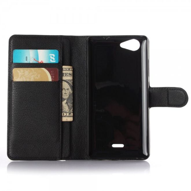 Wiko Pulp 4G Schicke Leder Case Hülle mit Litchitextur Kreditkartenslot - schwarz