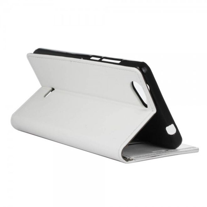 Wiko Pulp Fab 4G Klassische Crazy Horse Leder Flip Cover Hülle mit Standfunktion - weiss
