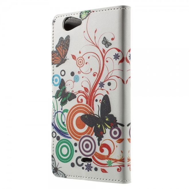 Wiko Pulp Fab 4G Leder Cover Handyhülle mit Schmetterlingen und Kreisen