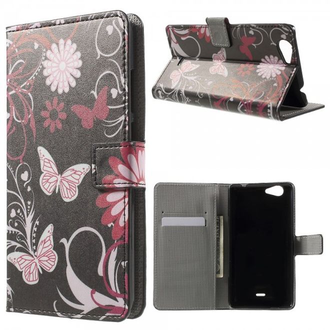 Wiko Pulp Fab 4G Leder Cover Handyhülle mit Schmetterlingen und Blumen