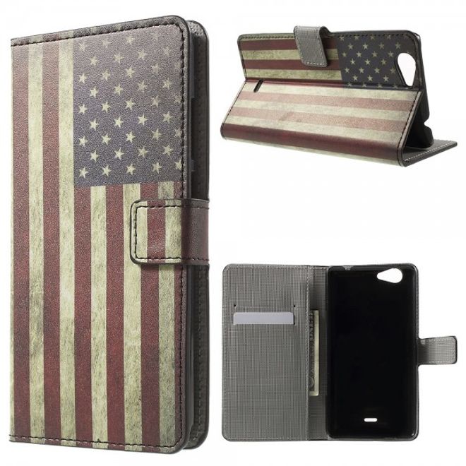 Wiko Pulp Fab 4G Leder Cover Handyhülle mit USA Flagge im Retrolook